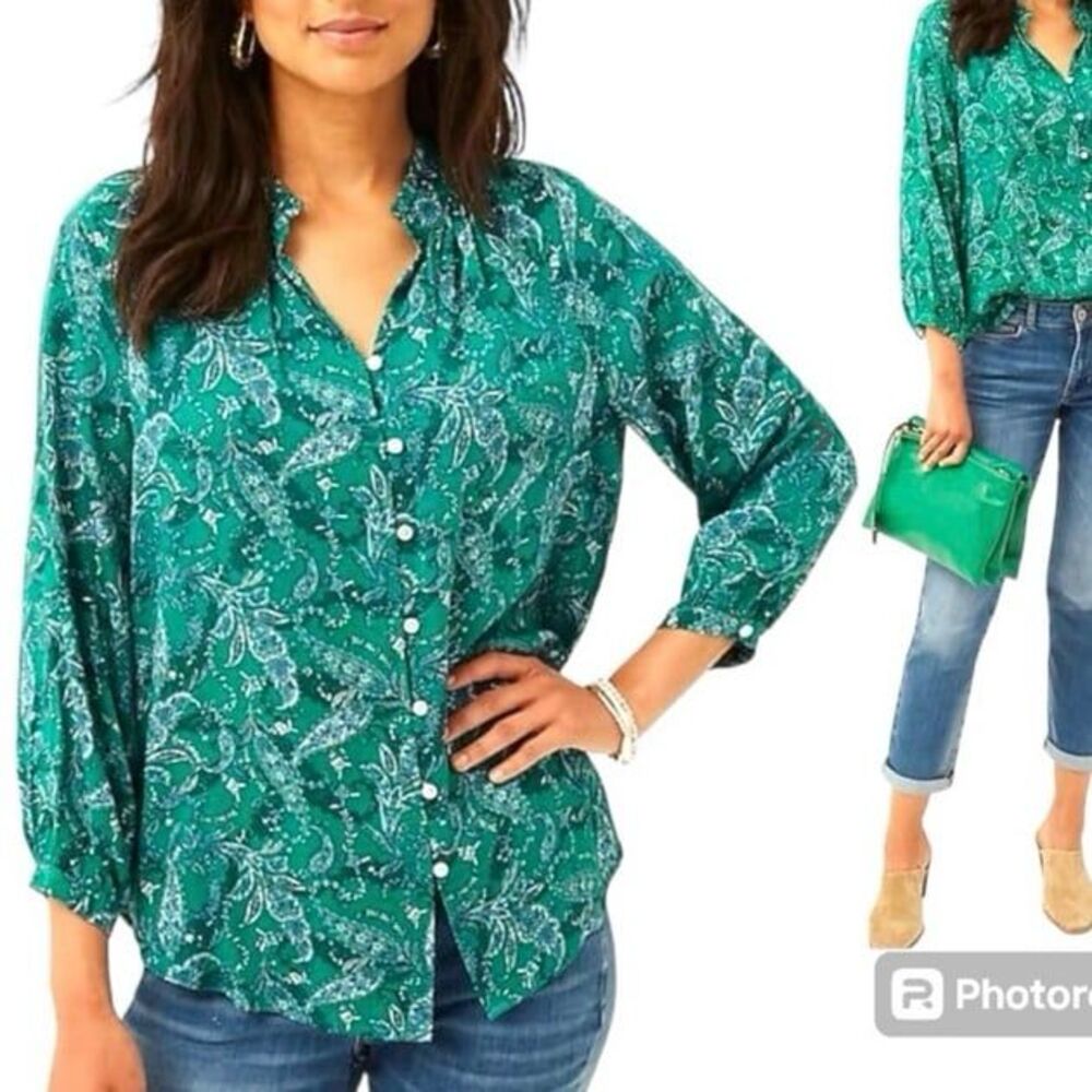 J. Jill Verdant Green Paisley Silky Satin Ruffle Blouse Size Medium
